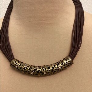 Vintage Gold and Brown Necklace with Ornate Centerpiece
